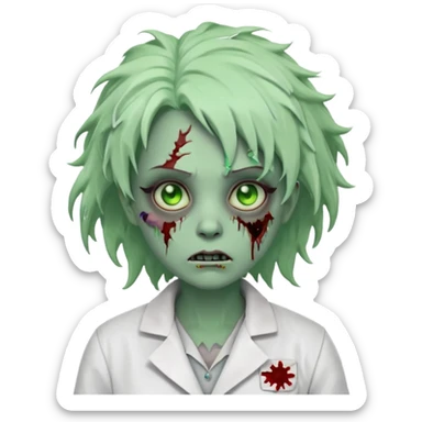 zombie scientist woman portrait, head and shoulders only, torn lab coat collar, pale green skin, stitched face details, glowing eerie eyes, messy hair, creepy but cute cartoon style, 3D cartoon, mobile game icon style, clean background, no text, no watermark
 sticker