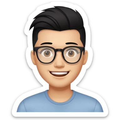 Asian guy with black hair undercut with shaved sides, square frame glasses, modern youthful look, big smile sticker