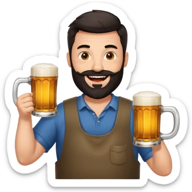 big man in yoga pose, bright skin, dark beard and dark short hair, holding beer mugs sticker