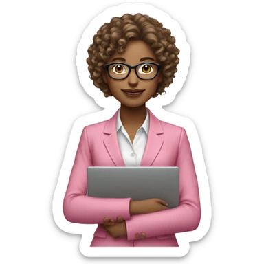 Business women curly hair glasses and wearing a pink suit holding a laptop  sticker