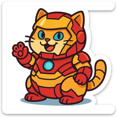 a chubby cat wearing Iron Man's helmet and suit, playful expression, comic style sticker
