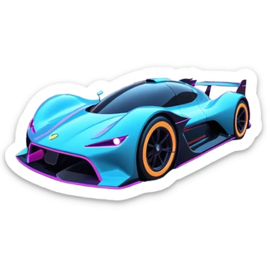A futuristic racing car with glowing neon lights, sleek aerodynamic design, and a cyberpunk cityscape in the background. The car is speeding through a neon-lit street with high-tech buildings and holograms." sticker
