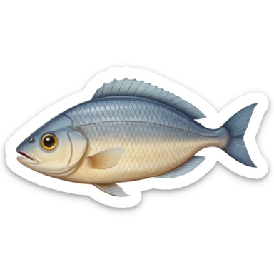 whole raw sole fish, flat oval-shaped body, smooth brownish-grey skin on top, pale underside, both eyes visible on one side, fine scale texture, tapered tail, small fins, fresh and moist appearance, neatly trimmed, soft lighting, subtle shadows, transparent background, emoji scale sticker