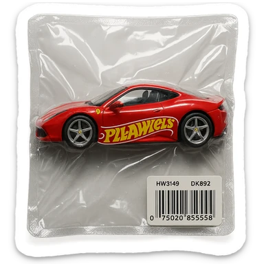 red Ferrari in Hot Wheels packaging, 'PLAVLEYS' written on the side in dynamic racing font, glossy, vacuum-sealed style sticker