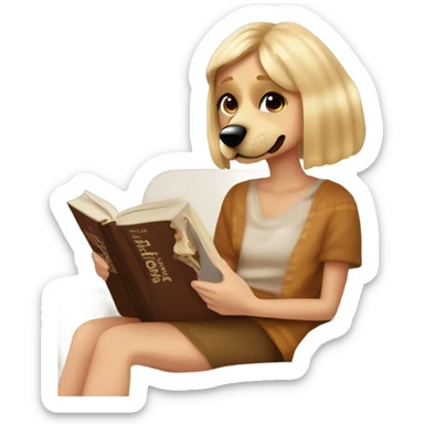 Chica rubia de ojos azules en un sofá tapada con una manta marrón mientras lee un libro. Al lado suya está su perro, un American de color claro sticker