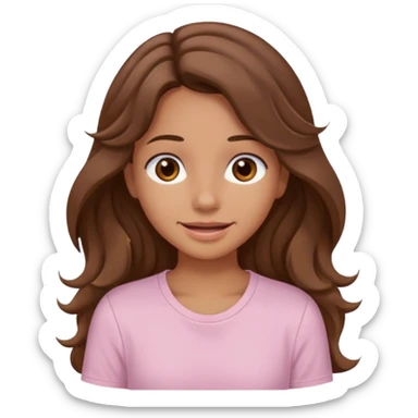 A pretty girl with tan skin and long brown wavy hair, wearing a very light pink basic shirt with brown eyes and a closed mouth smile sticker