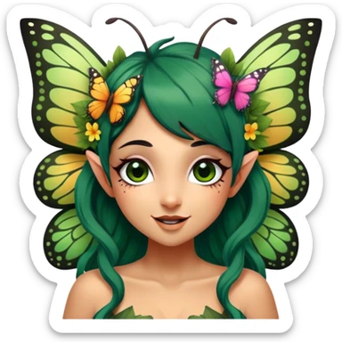 Cinematic Realistic Forest Nymph Fairy Portrait, head tilted dramatically with an exaggeratedly amused expression, featuring a striking, nature-infused form with glowing, sun-kissed tanned skin and vividly detailed dark green hair adorned with floral accents. Her expressive eyes brim with playful forest mischief, rendered with vibrant, lifelike textures and dynamic dappled lighting that conveys a spirited, over‐the‐top woodland whimsy showing her large butterfly wings from her back. sticker