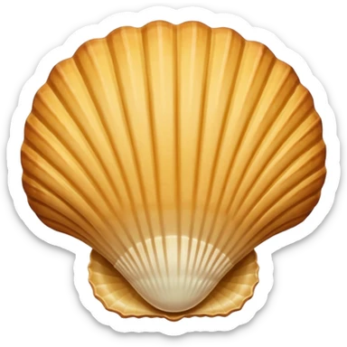 A madeleine pastry. Oval seashell shape with ONLY four to five vertical lines going in the same direction. Light golden brown. Scalloped edge. Cookie. Flat. Long. Oval shape. Lets scallops. Only four or five scalloped lines. Oblong shape. More length. sticker