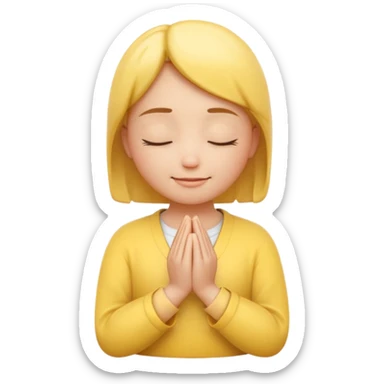 A 3D Apple-style yellow round emoji, calm and patient expression, closed eyes with a gentle smile, hands together in front as if waiting or praying, soft relaxed eyebrows, subtle glow around the head to symbolize patience, clean minimal background sticker