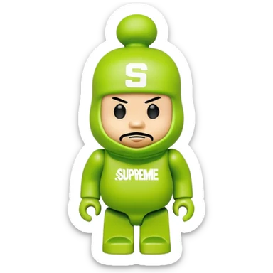 bearbrick toy wearing a lime green balaclava with Supreme logo and thick aggressive eyebrows showing above sticker