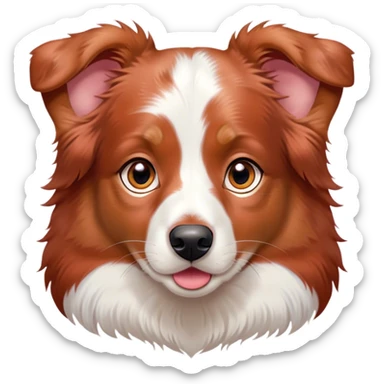 Cinematic Cute Red Merle Australian Shepherd Portrait Emoji, Head tilted playfully and inquisitively, soft red merle fur with delicate white markings, round, sparkling amber eyes filled with curiosity, Simplified yet irresistibly adorable features, highly detailed, glowing with a warm, friendly glow, high shine, affectionate and lively, stylized with a touch of whimsy, bright and endearing, soft glowing outline, capturing the essence of a mischievous yet loving pup, so playful it feels like it could bound out of the screen and into your arms! sticker