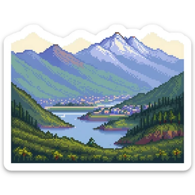 landscape of Nalchik with mountains in the background in pixel art style sticker
