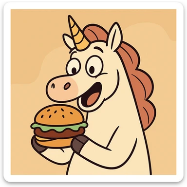 unicorn with a hamburger, cartoon style, playful, flat toon style sticker