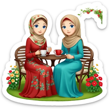 Turkish beautiful finish Konya girls blue eyes with Beautiful beige red green floral hijab long tail dress and this two friends sit in a lovely garden on the chair on the ground and holds cup coffe with her hand  sticker