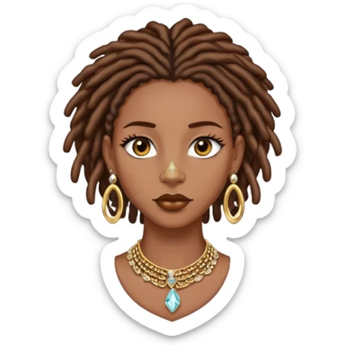 Black girl with brown locs collar bone length gold earrings and gold nose piercing long eye lashes and crystal necklace on  sticker