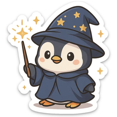 cute penguin dressed as a wizard, holding a wand, sparkles around, cartoon style sticker