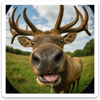 a closeup of a elk's face, fisheye lens, funny, meme, elk with big antlers, funny face, deer moose, drooling sticker