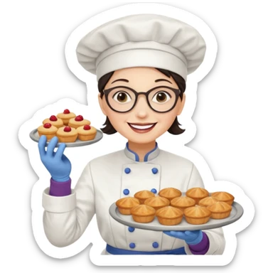 Older female pastry chef – round glasses, oven mitts on, holding a tray of pastries.

 sticker