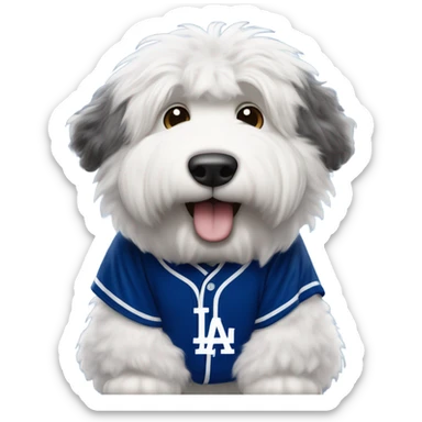 Old English Sheepdog full height wearing a Los Angeles dodgers baseball jersey sticker