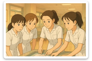 Ghibli scene of four nursing students wearing white short-sleeve uniforms with V-neck, no collar, no buttons, left chest pocket, bare arms, long hair tied back, working together, inspired by the faces from the attached photos. sticker