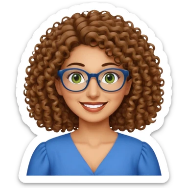 40 yr old Iranian woman, light brown very curly thick hair, shoulder length hair, green eyes, tan skin, big smile, big glasses, with pretty blue dress sticker