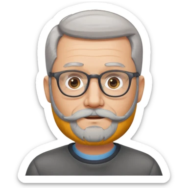 54 year old man, short shaved grey hair, beard, glasses sticker