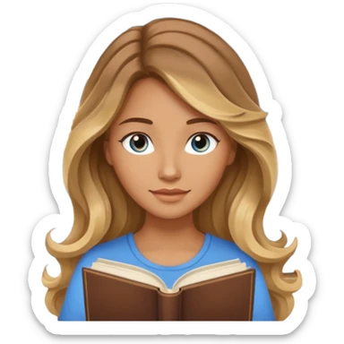 pretty female with long wavy brown hair with blonde highlights and blue eyes  in a relaxed position reading the book 'Rebecca' sticker