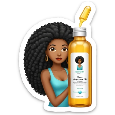 Serum Bottle of hair growth oil. Label has black woman with long afro hair. sticker
