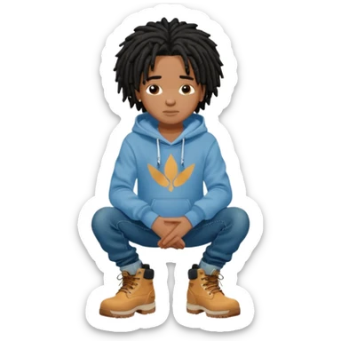 African American boy with short black dreadlocks wearing a Nike hoodie wearing denim skinny jeans and timberland boots with his hands folded across chest sticker