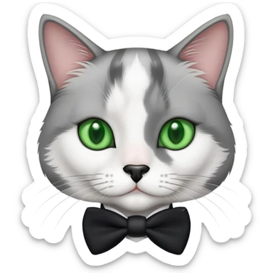 Gray and white  tuxedo cat medium hair with a a black nose and green eyes sticker