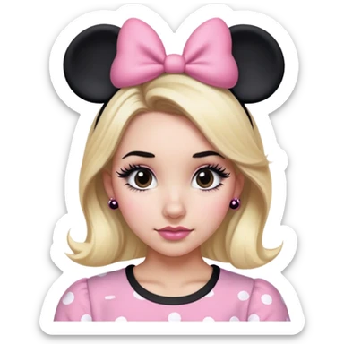Woman with blonde hair, brown eyes, brown eyebrows, blush cheeks with pink and black Minnie mouse ears with pink and black Minnie mouse shirt with long black eyelashes sticker