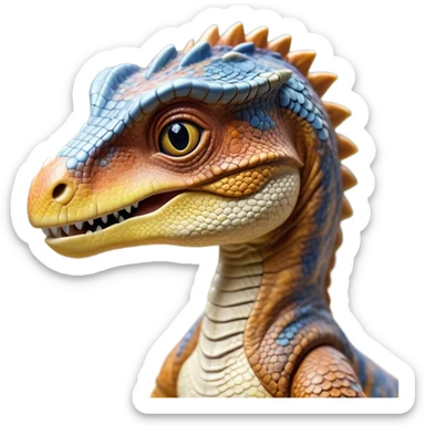 Cinematic Realistic Cute velociraptor/T-rex Portrait Emoji, Head tilted playfully and inquisitively, featuring a compact, slightly rounded build with intricately detailed, textured scales in natural hues and a surprisingly endearing face with bright, curious eyes, rendered with lifelike clarity and warm natural light, high shine, affectionate and quirky, styled with a touch of prehistoric whimsy, soft glowing outline, capturing the essence of a mischievous yet lovable velociraptor/T-rex that seems poised to stomp playfully into your arms! sticker
