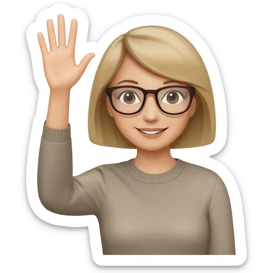 woman dark blonde petite bob haircut wears smaller squared dark  glasses, classic clothes, smiling, waving, a tad older, waving, light colored shirt sticker
