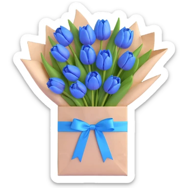 a bouquet of blue tulips in a white paper bag tied with a blue ribbon, soft pastel blue colors, gentle shadows, clean and minimalistic design, 3D iOS emoji style sticker