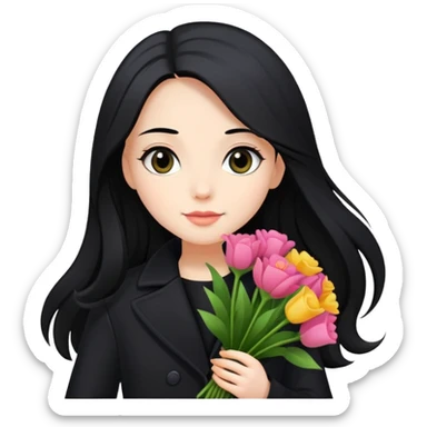 beautiful girl with long black hair wearing a black coat holding a bouquet of flowers sticker