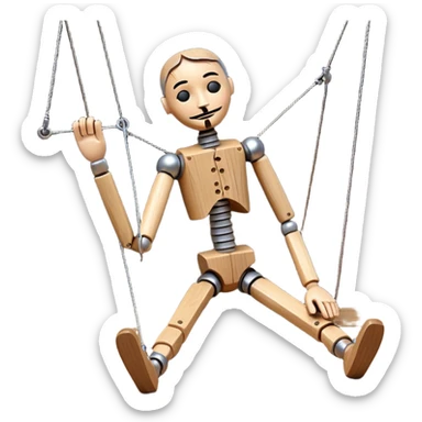 3D render of Broken Puppet as a wooden marionette puppet, Strings cut, slumped over, silver metal screw joints at elbows and knees, polished brown wood texture, rigid toy pose, emoji style, isolated on white background --v 6.0. sticker