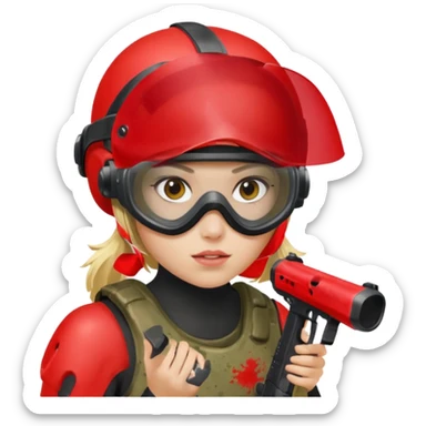 blond girl playing paintball with red paintball helmet with eye protection, only face sticker
