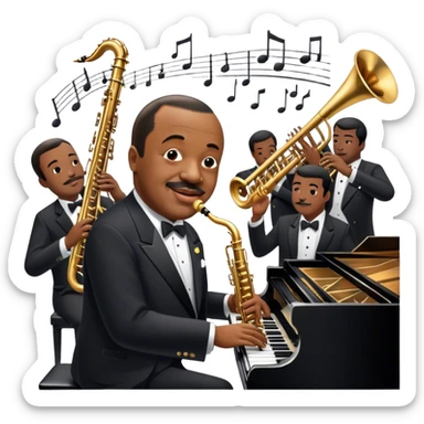 Icon for Jazz Music: Count Basie Orchestra, with Count Basie at the piano surrounded by jazz musicians playing instruments like saxophones, trumpets, and drums. Floating musical notes should capture the energetic and smooth vibe of big band jazz. Transparent background. sticker