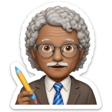 old man teacher, brown skin, curly grey white hai, wearing glasses, brown suit, blue tie hold chalk on hand sticker