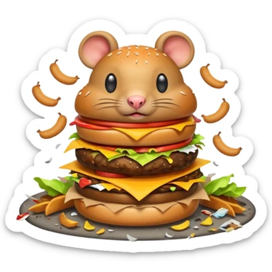 emoji-style icon of a fast food restaurant with a burger sign, overflowing garbage, flies, and two rats in the style of the apple emoji rat, dirty and unsanitary, clear at small size, no text sticker