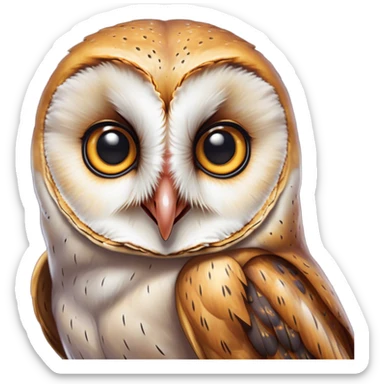 Cinematic Comical Barn Owl Portrait Emoji, Head tilted dramatically with an exaggeratedly amused expression, featuring a striking mottled plumage with bold contrasts, wide, expressive amber eyes filled with playful disbelief, Simplified yet hilariously expressive features, highly detailed, glowing with a slightly sassy glow, high shine, dramatic yet playful, stylized with an air of cheeky nocturnal mischief, bright and endearing, soft glowing outline, capturing the essence of a spirited and over-the-top owl, so meme-worthy it feels like it could hoot its way into internet fame instantly! sticker