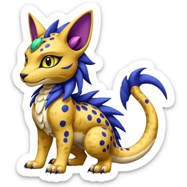 Egyptian furry hyper-realistic colorful with black rosette-splotches, scaley Bastet-Liepard-Noibat-Gatomon-Garchomp-Digimon-Fakémon-Pokémon-creature (full body) sticker