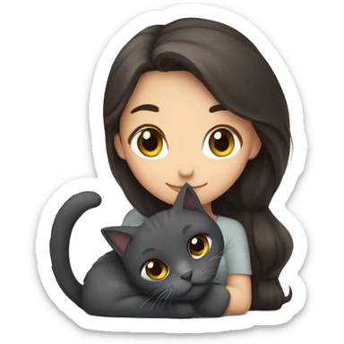 Brunette girl snuggling fluffy dark grey cat sticker