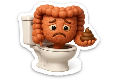 emoji stile iphone di un intestino realistico 3d che esce dal wc con in mano una montagnetta di feci con espressione triste a palline, iperrealistico 4k sticker