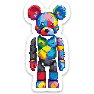 Pixel art KAWS Bearbrick figure with X eyes, blocky bear shape, vibrant colors sticker