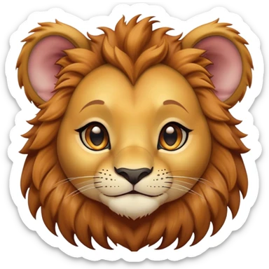 Cinematic Cute Lion Cub Portrait Emoji, Head tilted playfully and inquisitively, featuring a glossy tawny Fur with a lush mane and round, sparkling amber eyes filled with curious mischief, Simplified yet irresistibly adorable features, highly detailed, glowing with a warm, friendly glow, high shine, affectionate and spirited, stylized with a touch of jungle whimsy, bright and endearing, soft glowing outline, capturing the essence of a mischievous yet loving Lion Cub, so playful it feels like it could pounce out of the screen and into your arms! sticker
