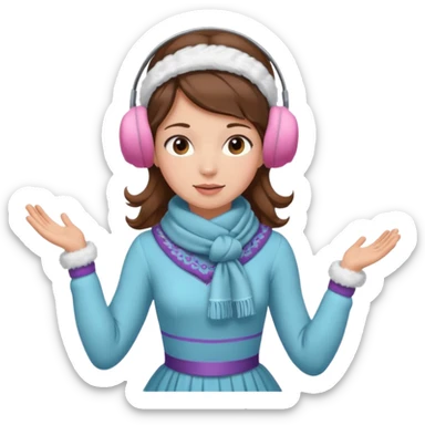 Victorian ice skater in a long dress. She is wearimg a scarf and earmuffs. She has brown hair. sticker