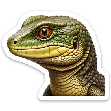 Cinematic Realistic Noble Monitor Lizard Portrait Emoji, Poised and imposing, with a robust, muscular build and a rugged, intricately scaled hide in natural olive and dark brown tones, a sharply defined head with intense, observant eyes, rendered with lifelike detail and authentic texture, high shine, intelligent and formidable, styled with an air of desert authority, focused and attentive, soft glowing outline, capturing the essence of a watchful and confident monitor lizard that appears ready to stride out of the screen with effortless power! sticker