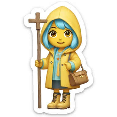 Cute little girl with light blue hair with peach skin, with yellow raincoat hooded with boots holding a wooden staff, with a cross necklace, Sanrio design sticker