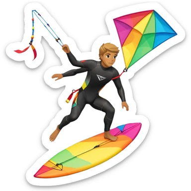 A kite surfer gliding across the ocean, with a colorful kite soaring high in the sky and the surfer carving through the waves. The scene captures the energy and freedom of the sport, with the sun shining and the ocean's waves splashing around. sticker